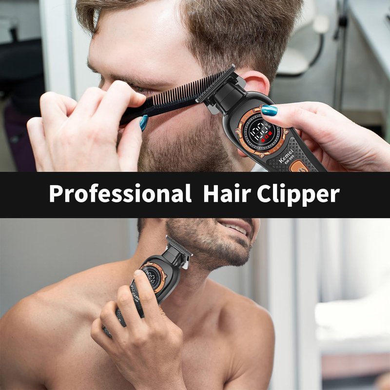 KEMEI 999 Professional Hair Clipper for Men, Cordless Electric Beard Trimmer Men, Zero Gapped T-Blade Hair Trimmer with LCD Display and 3 Guide Combs