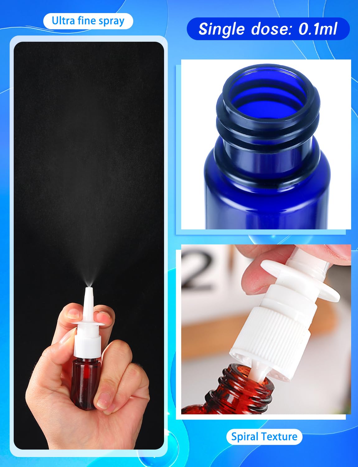 ZHWKMYP 10 Pcs Nasal Spray Bottle, 10ML/0.35OZ 6Pcs Fine Mist Empty Plastic Brown Blue Nose Spray Bottles Refillable with 2 Funnels and 2 Labels