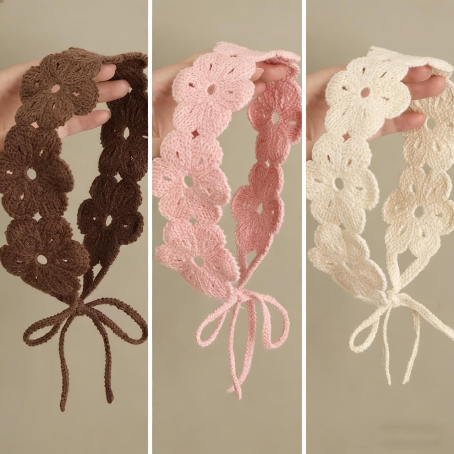 Seinyllu 3 Pack Boho Headbands for Women, Hippie Accessories Adjustable Tie Headband, Floral Crochet Hair Bandana for Girls