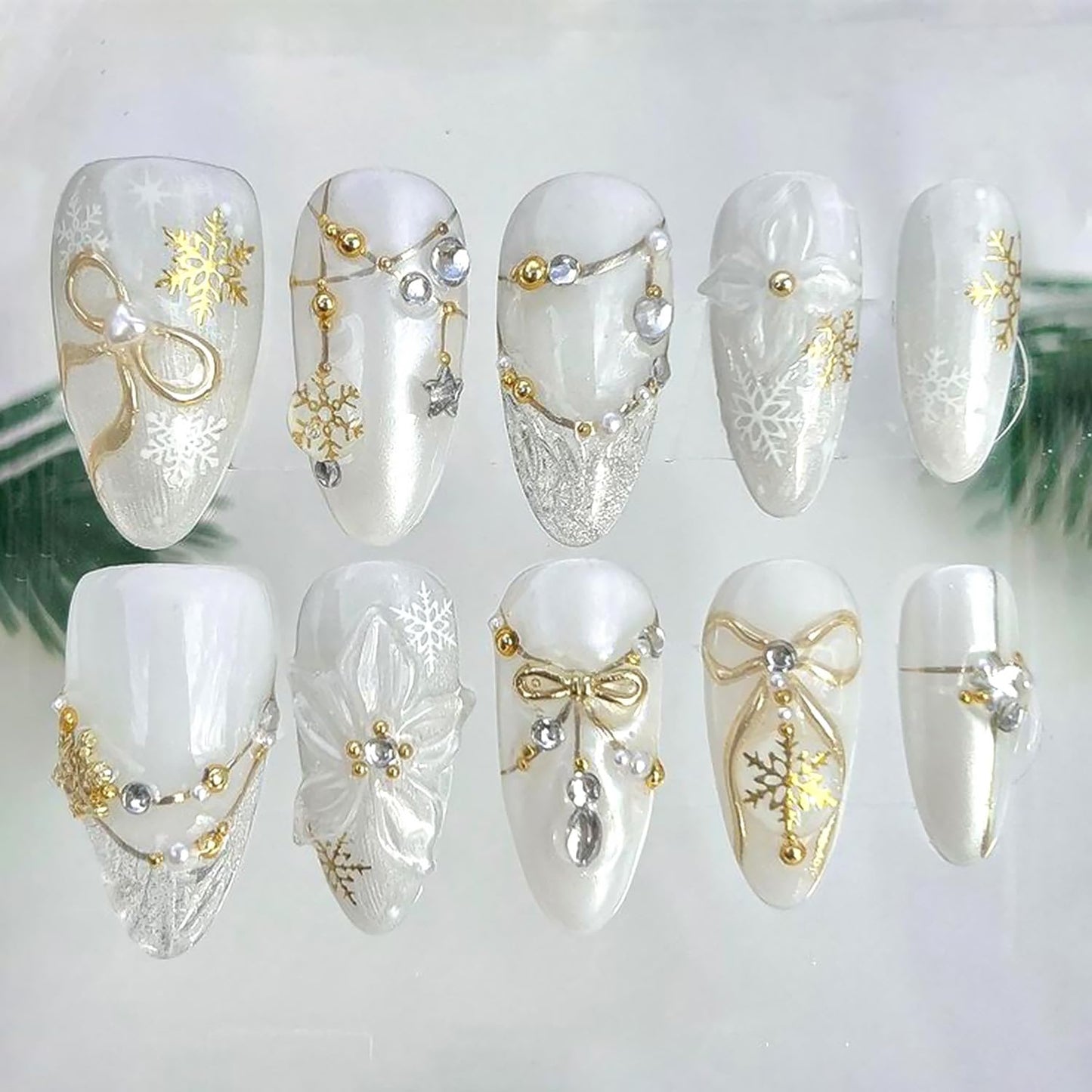 French Tip Press-On Nails - 24 Pcs Medium Almond with 3D Flower & Gold Rhinestones | Full Cover Nude Artificial Nails