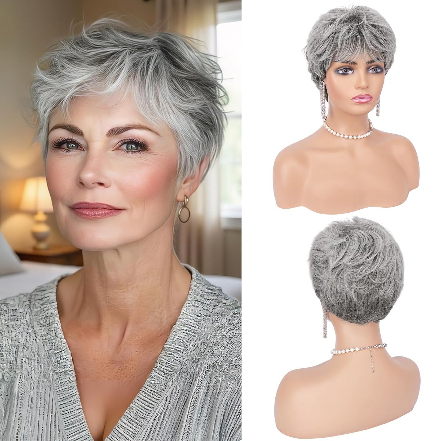 Gray Pixie Wigs for Women - Short Natural Layered Synthetic Hair Wig | Heat Resistant, Gray Mixed Black