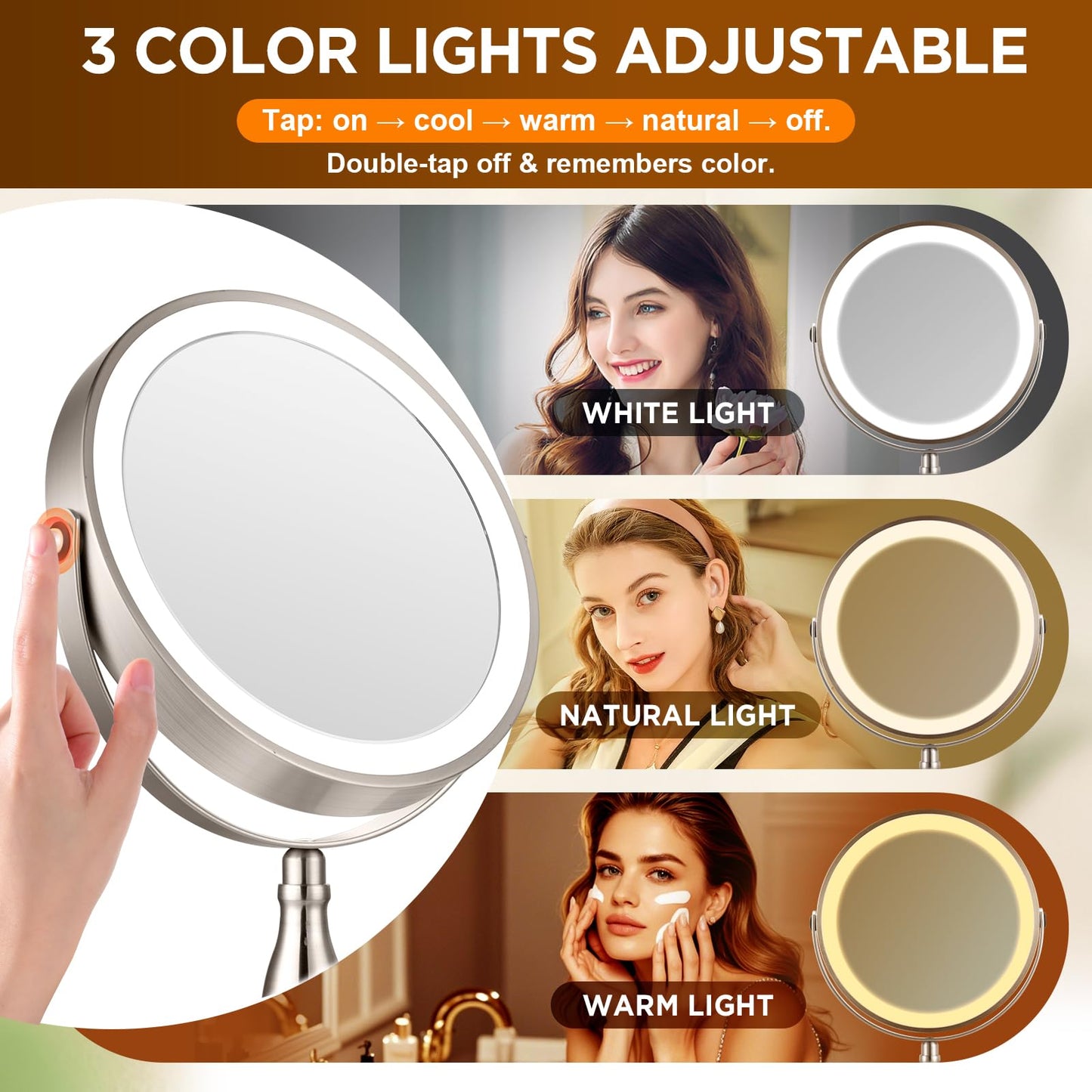 Makeup Mirror with Light, 30x Magnifying Mirror with 3 Lights Colors, 5000mAh Vanity Mirror Brushed Nickel - 360° Rotation, Brightness Adjustable Magnification, Modern Style Side Touch + Side Charge