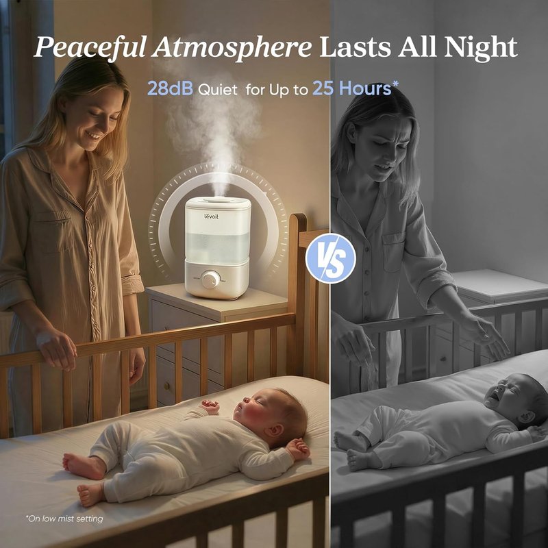 LEVOIT Top Fill Humidifier - 2.5L Quiet Cool Mist for Large Rooms | Easy to Clean, Auto Shut-Off, Ideal for Baby Nursery & Plants