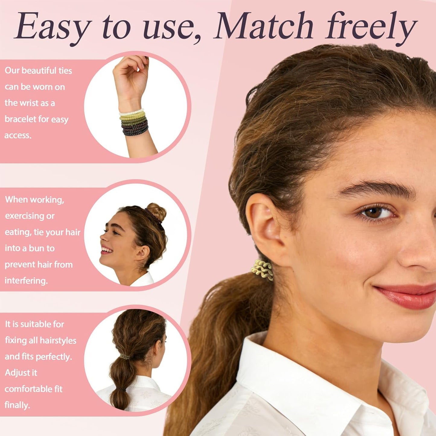 Spiral Hair Ties - 10-Pack No-Damage Elastic Coil Ponytail Holders | Waterproof Non-Slip Bands for All Hair Types