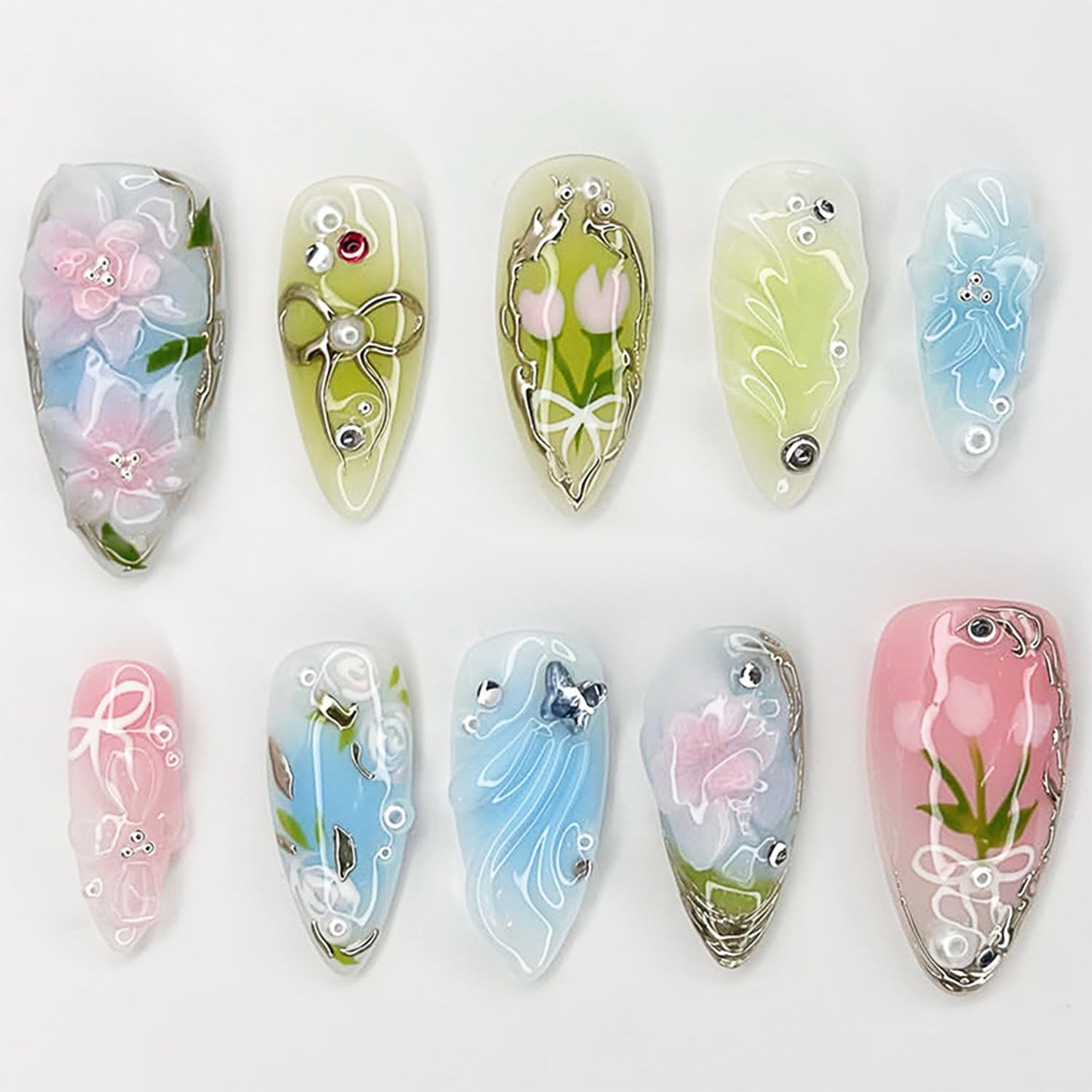 French Tip Press-On Nails - 24pcs Medium Almond with 3D Floral Gold Pearl Shell Designs | Summer Glitter Acrylic Full Cover
