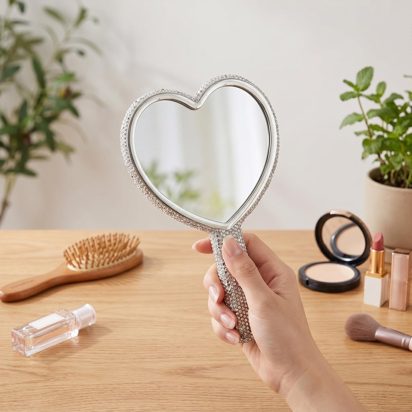 Exircy Large Rhinestone Handheld Mirror Heart Shaped Bling Glitter Cosmetic Hand Mirror with Handle Portable Hand Mirrors Sparkling Cute Hands Mirrors for Wedding Make up Women (Silver)
