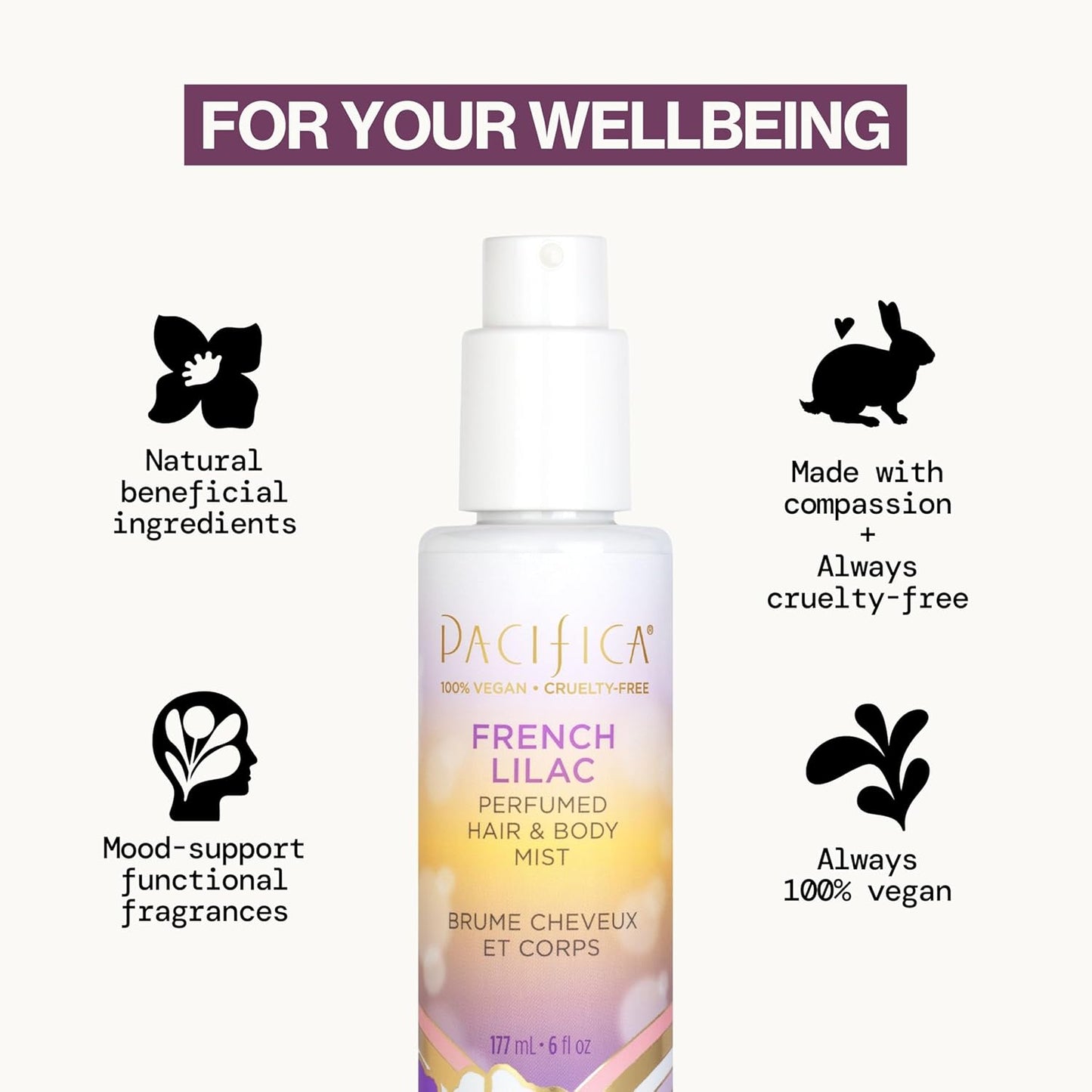 Pacifica French Lilac Hair & Body Mist - Vegan Floral Perfume Spray for Women | Alcohol-Free, 6 Fl Oz