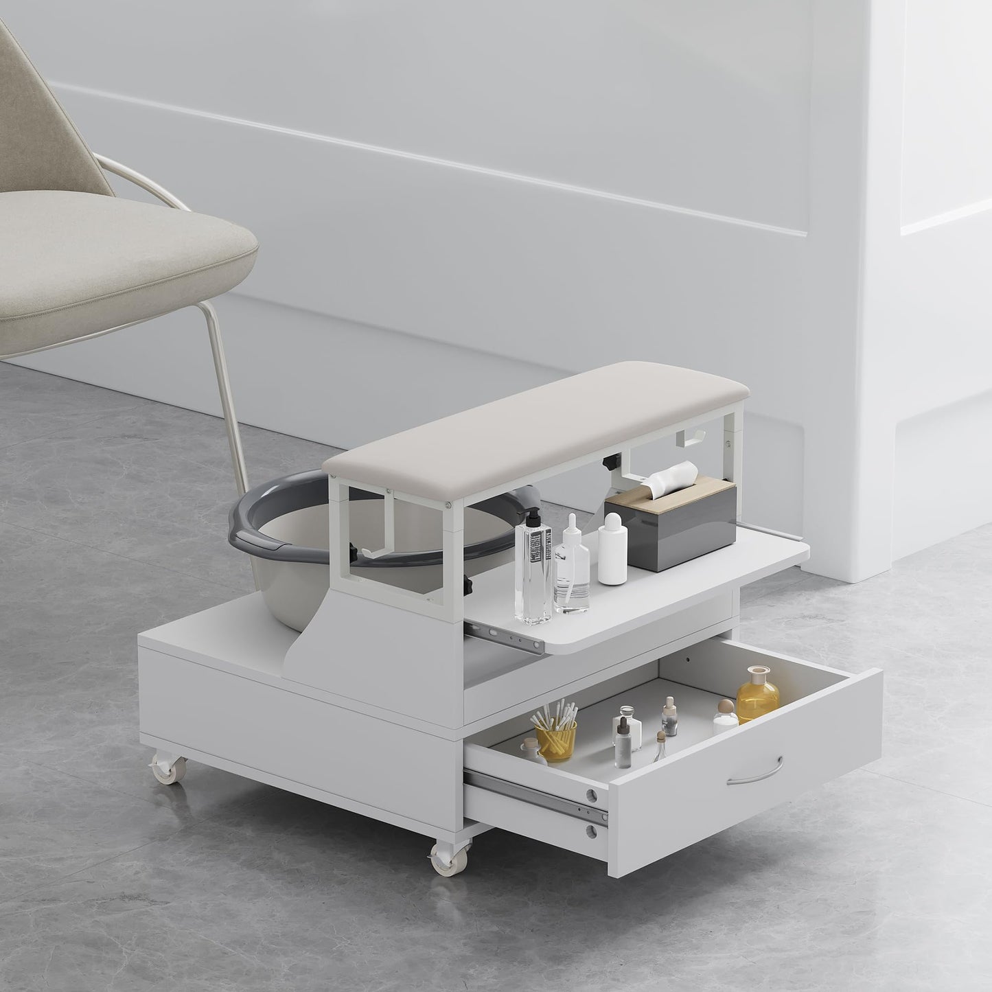 Pedicure Foot Rest with Wheels, Portable Pedicure Stool Adjustable 2-Level Height, Mobile Pedicure Cart Trolley for Foot Bath, Spa Cart, Manicure Furniture for Beauty Salon or Spa, Massage Station