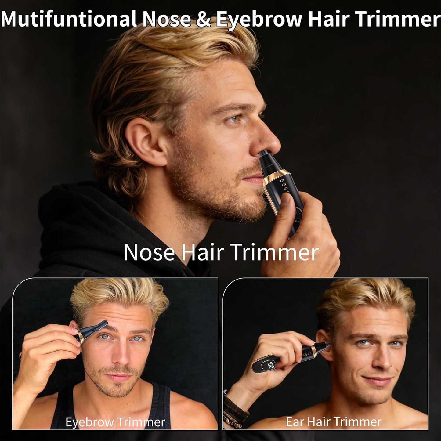 Nose and Ear Hair Trimmer - 2-in-1 LED Display USB Rechargeable | Portable Waterproof Facial Hair Removal (Black)