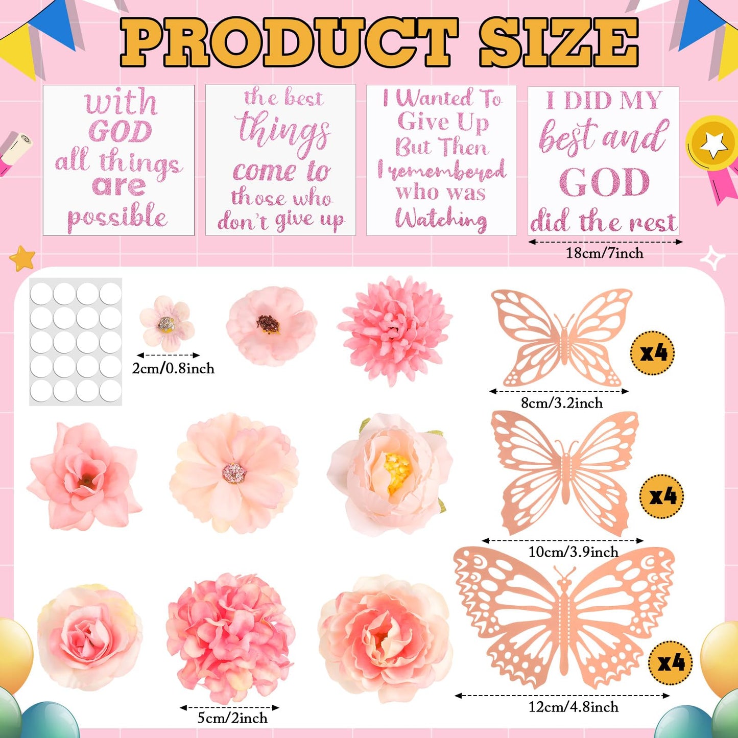 Feifeiya 36 Pcs DIY 2026 Graduation Cap Decorations Accessory Kit Include Faux Flower Heads Graduation Quotes Glitter Stickers 3D Butterfly for Grad Cap Topper DIY Gift(Pink,Inspirational)