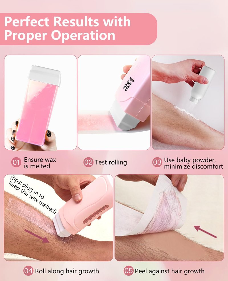 Waxfans Roll On Wax kit,Waxing Kit for Sensitive Skin, Wax Roller, Roll On Wax Warmer for Hair Removal,at Home Waxing Kit for Women men,Soft Wax Heater for Larger Areas of the Body(pink)