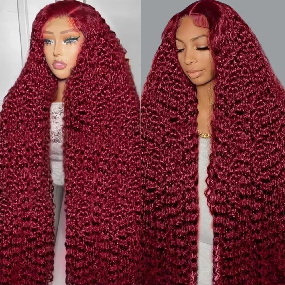 Burgundy 250 Density Human Hair Wig - 30 Inch 13x6 Deep Wave Lace Front | Pre-Plucked HD Transparent Lace Frontal for Women