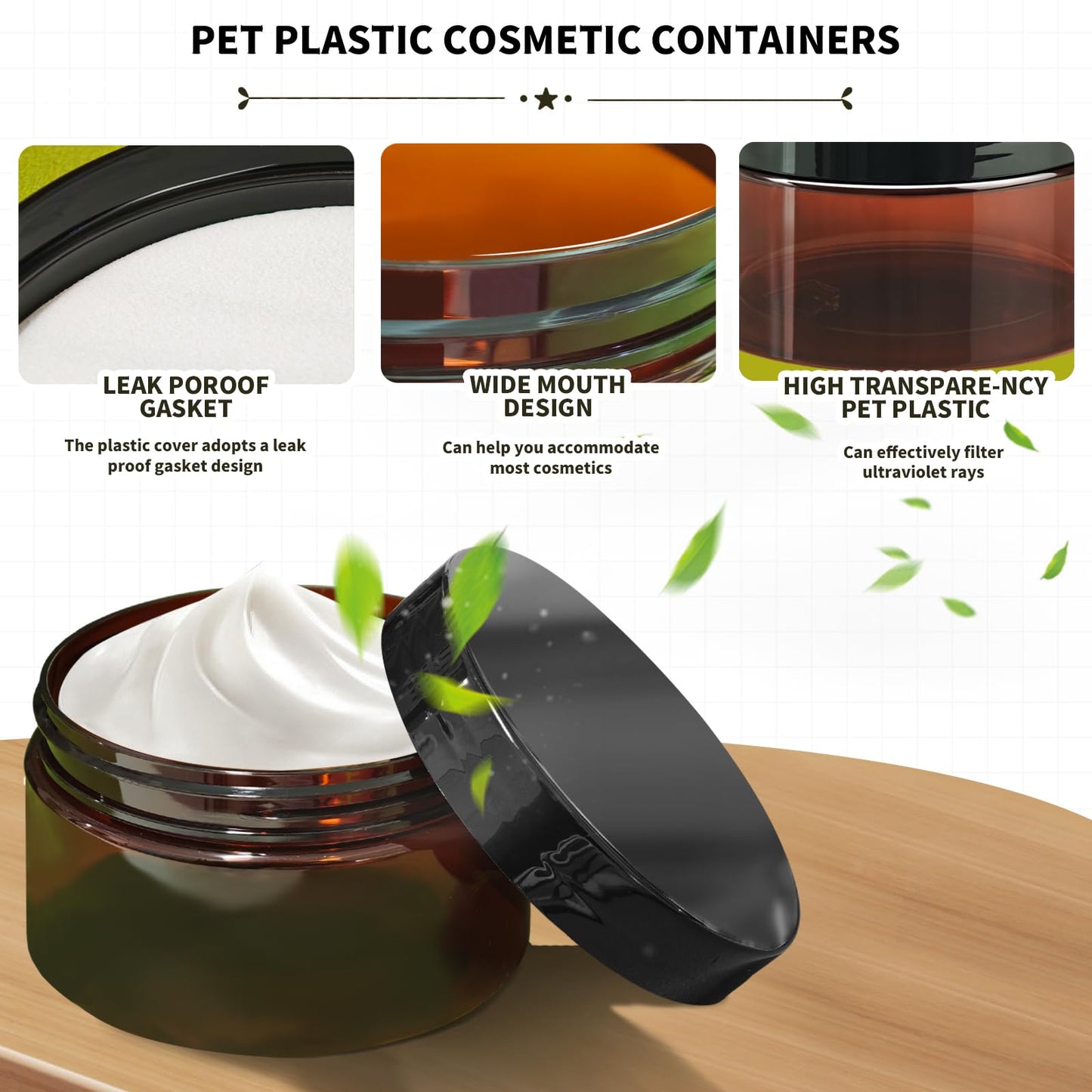 8 oz Plastic Container Jars with Labels, 6 Pcs Empty Round Cosmetic Containers with Black Lid for Cream, Body Butter, Makeup, Travel Samples (Amber)