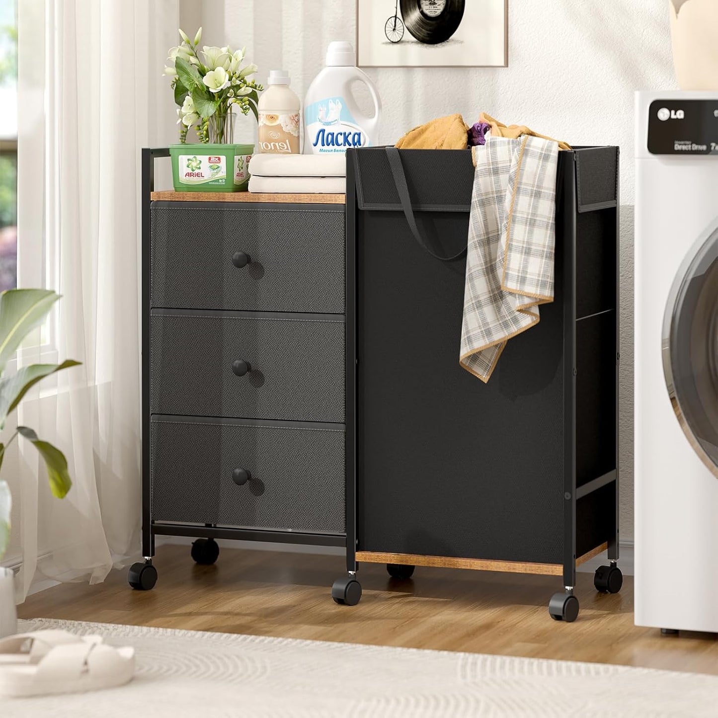 Laundry Hamper with Wheels - 123L Capacity Laundry Sorter with Shelf & 3 Drawers | Detachable Fabric Bags for Bedroom & Bathroom
