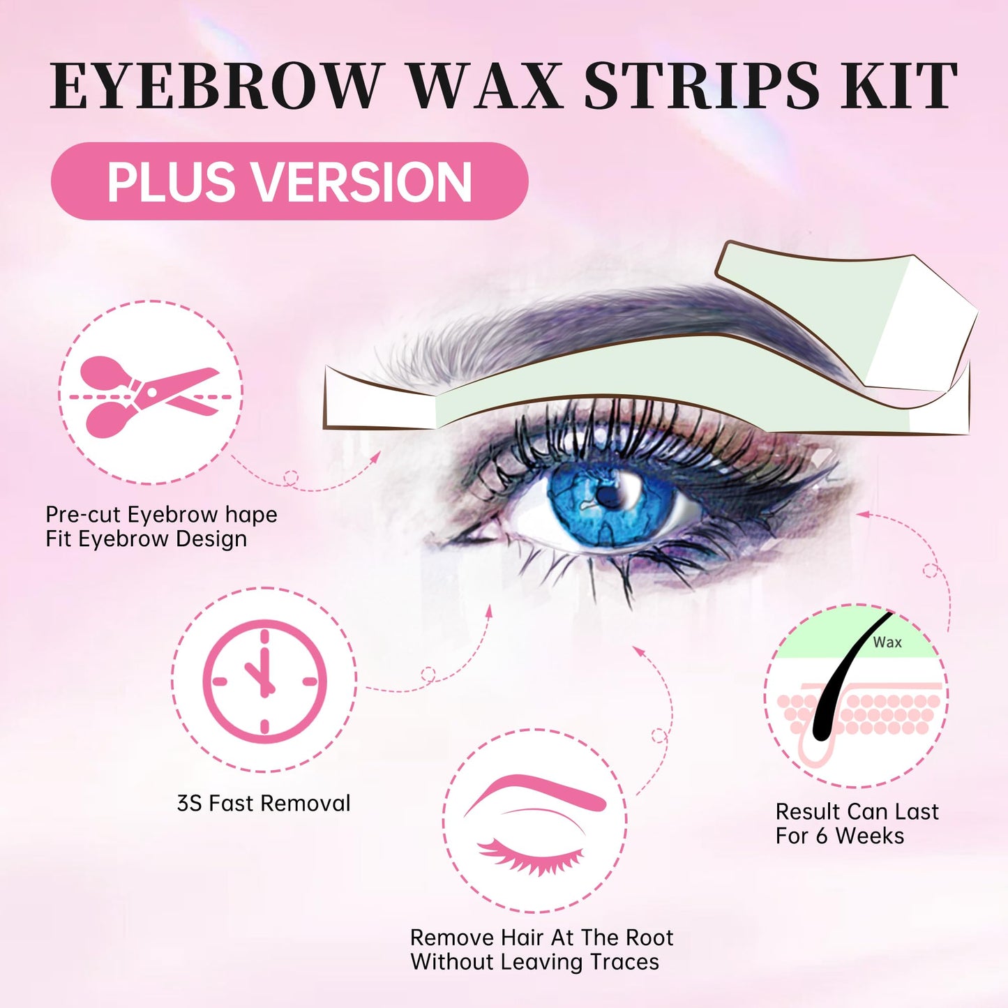 Beauty7 Fit Eyebrow Wax Strips Plus Volum, Pre-cut Facial Hair Removal, Lip Hair Removes, at Home Waxing 48 Strips, 6 Calming Oil Wipes, for All Skin Types Women