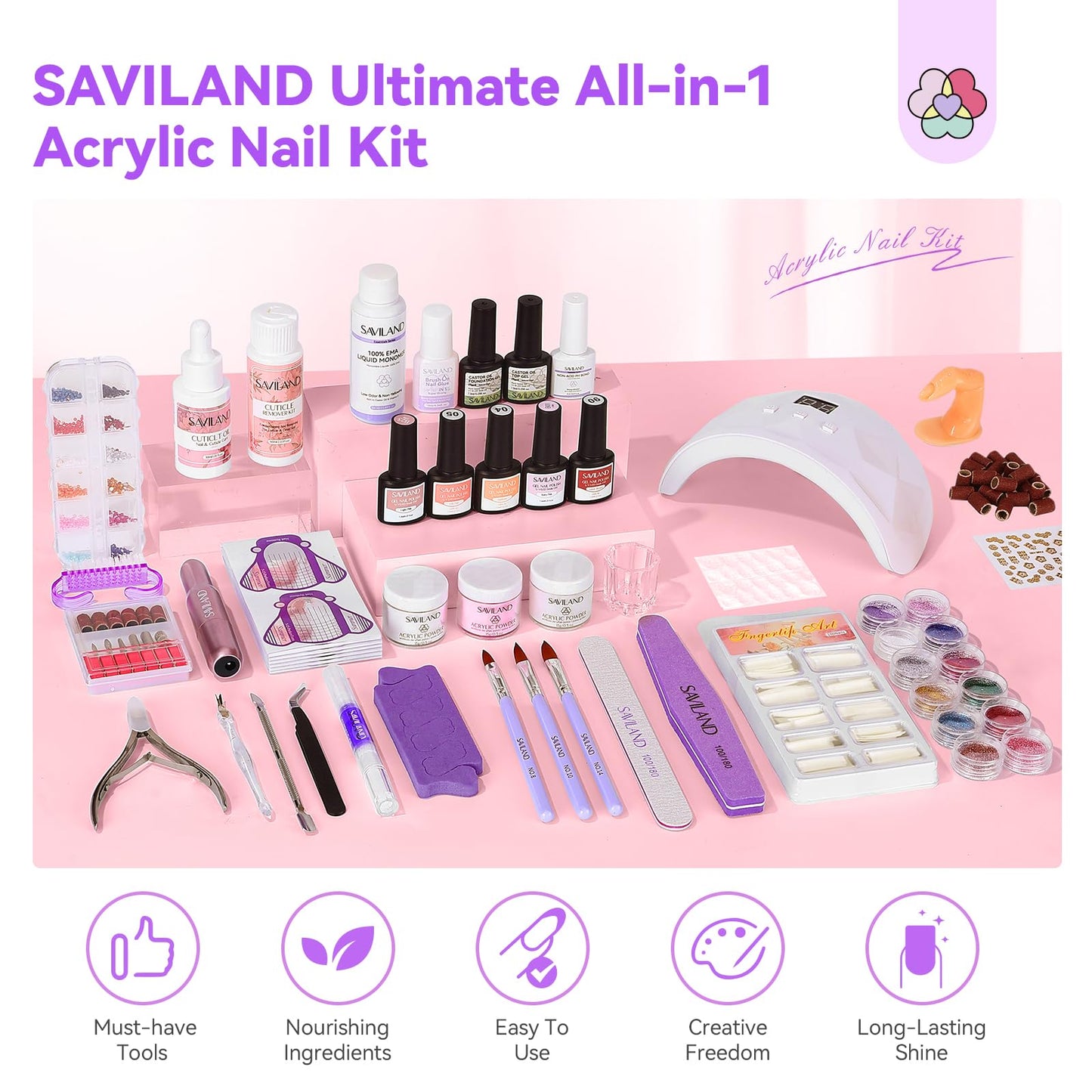 SAVILAND Essentials Acrylic Nail Kit For Beginners: Ultimate All-In-1 Acrylic Set with EMA Monomer Practice Finger Nail Drill U V Light Full Tools For Women Gift