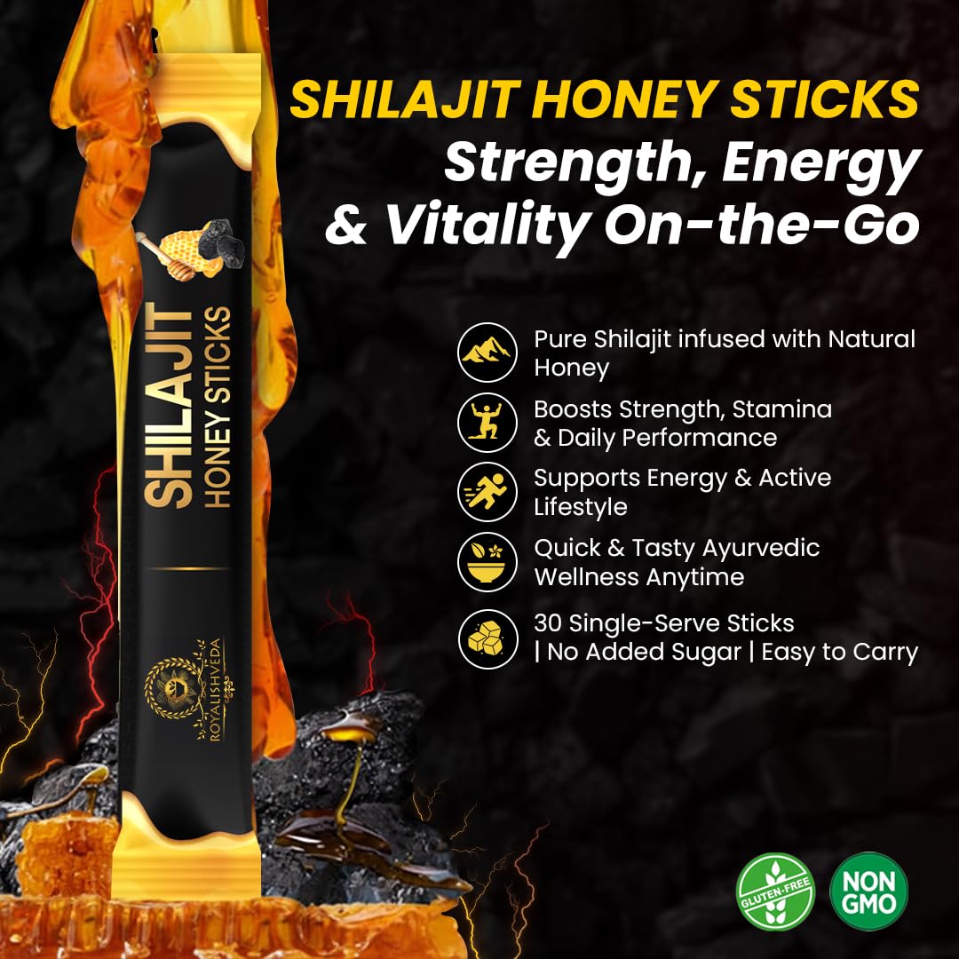 Royalishveda Shilajit Sticks with Honey | 75% Fulvic Acid | Easy-to-Use | 30 Sticks for Stamina, Energy Boost & Immune Support (Pack of 1)