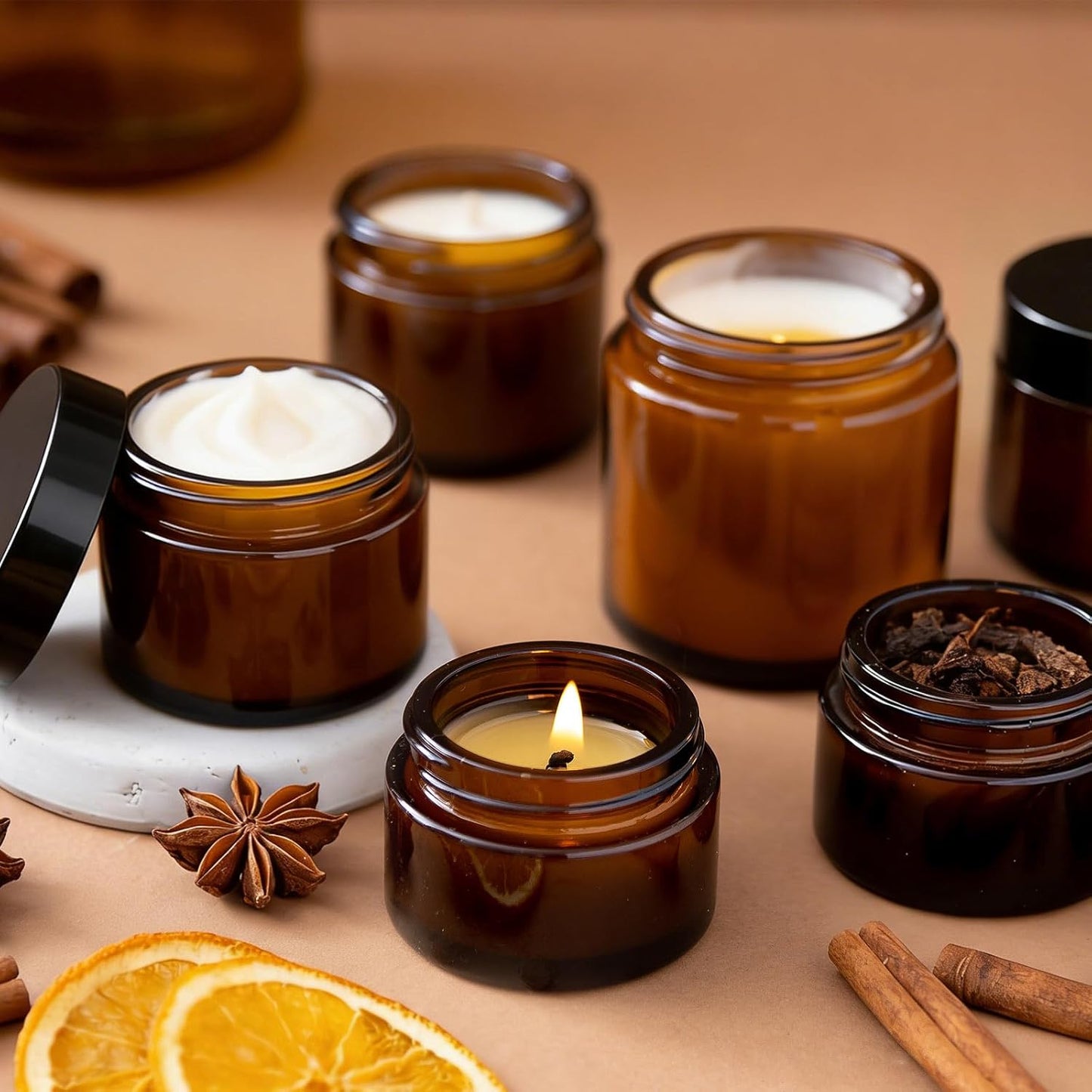 60 Pcs Amber Glass Jars with Lids - Leak-Proof, UV-Protective Containers for Essential Oils, Spices | Includes Labels & Spatulas