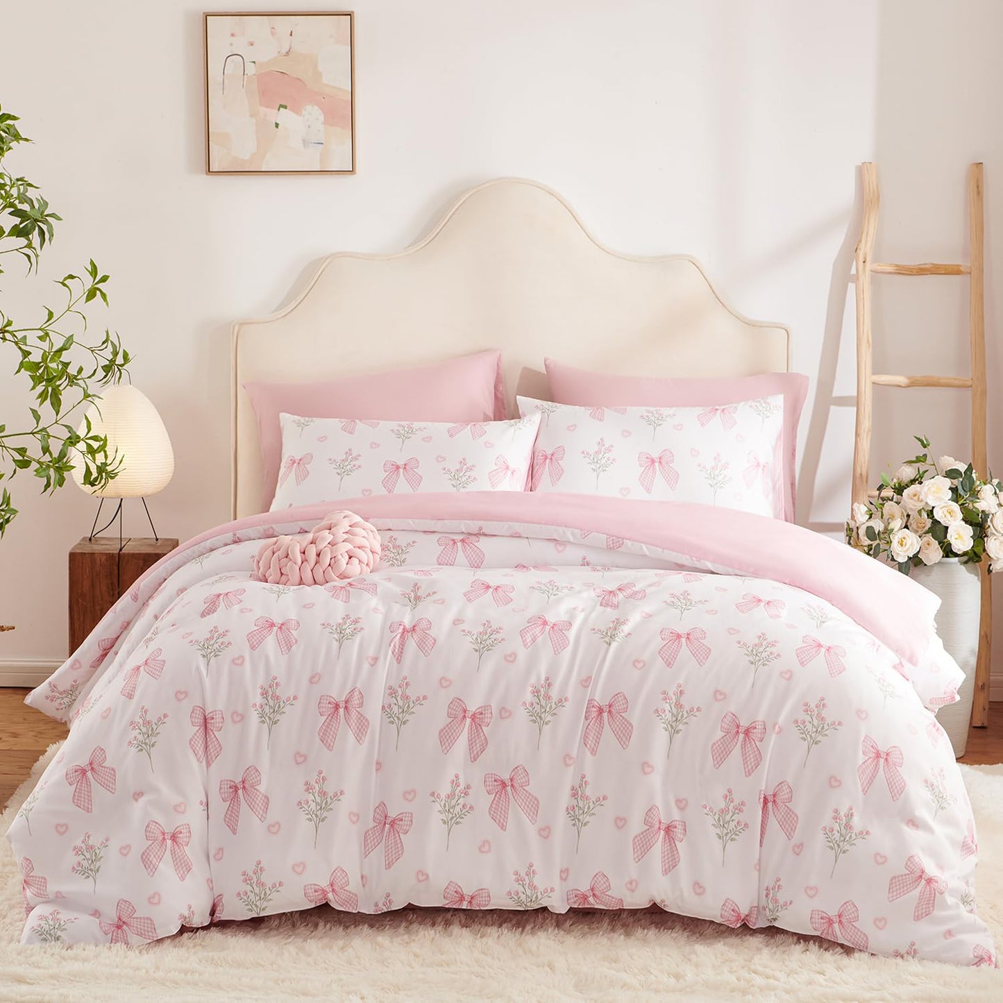 Nayoroom Pink Bow Comforter Set Full Size Coquette Pink Floral Comforter 3 Pieces Soft Lightweight Kids Girls Cute Aesthetic Dorm Bedding Set for All Seasons