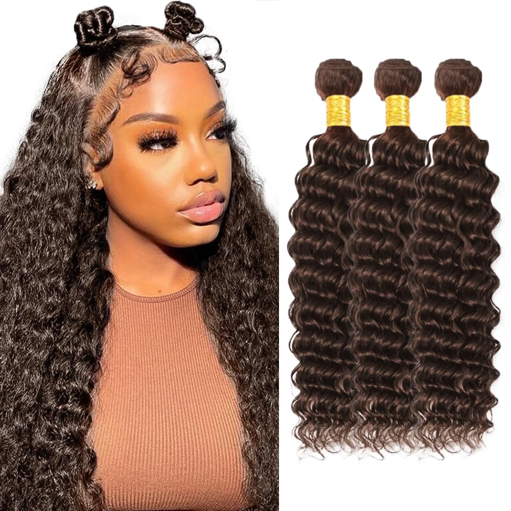 #4 Bundles Human Hair Brown Deep Wave Bundles 16 18 20 inch WuvuSnm Brown Bundle Human Hair #4 Wet and Wavy Bundle