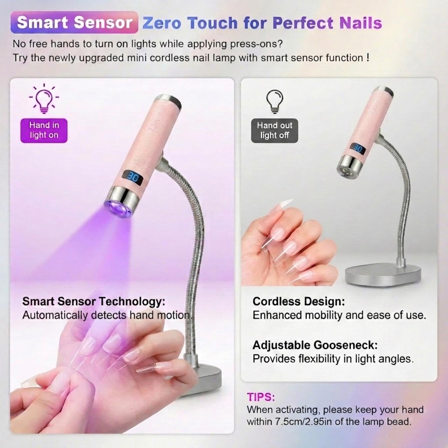 Linssy Mini UV Light for Nails with Auto Sensor & Gooseneck Stand,Portable Cordless Nail Lamp Flash Cure Lamp with LCD Display,Handheld UV Light for Gel Nails at Salon & Home Use
