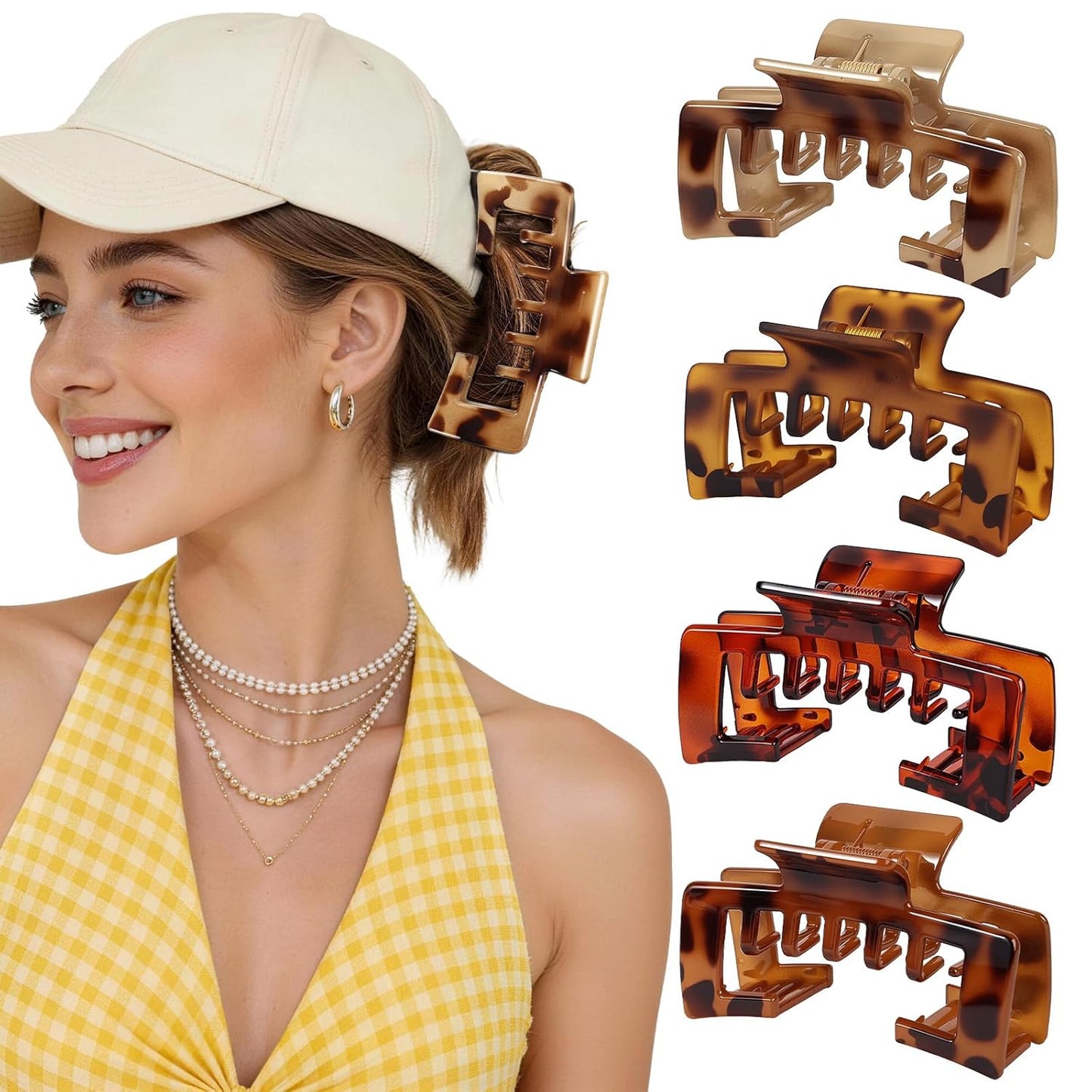 Large Hair Clips for Baseball Caps - 4.1 Inch Non-Slip Claw Clips for Women & Girls | Checkered Design