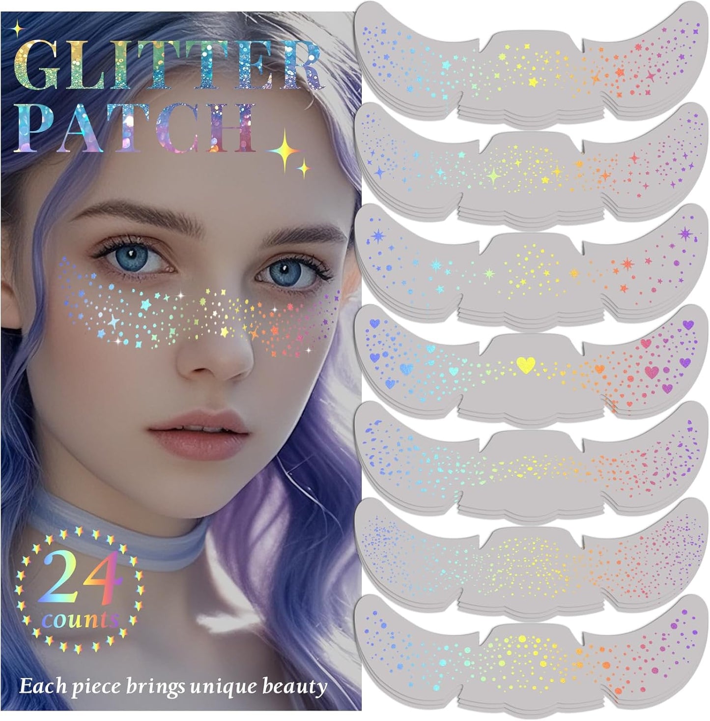 Glitter Freckles Makeup Patches - Holographic Face Glitter Speckles | 24pcs Cute Sparkling Fake Freckles for Festivals