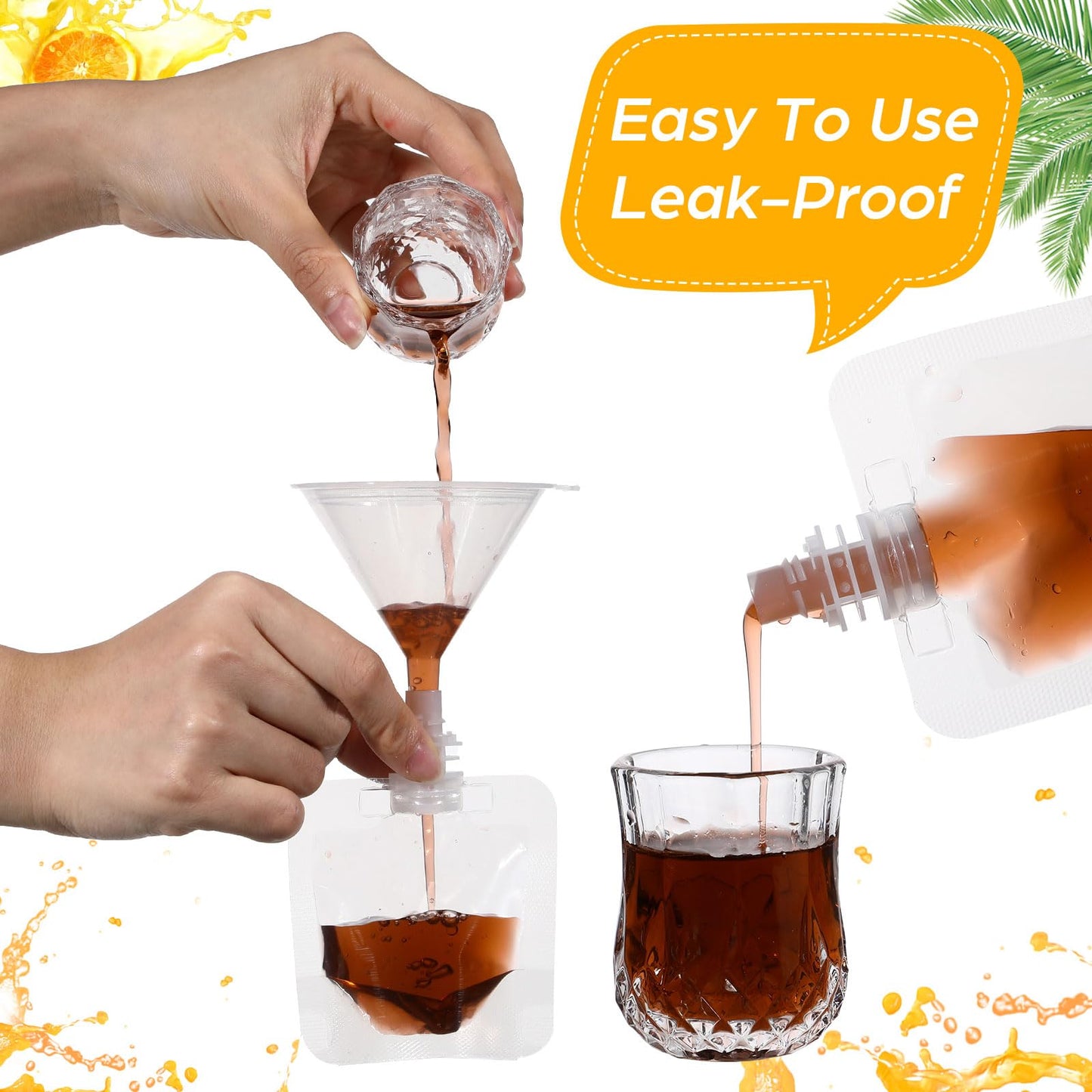 Seeloowy 100 Pcs Plastic Pouches Bulk Clear Juice Bags Squeeze Pouches Plastic Leak Proof Bags with Funnel for Party Favors (1 oz)