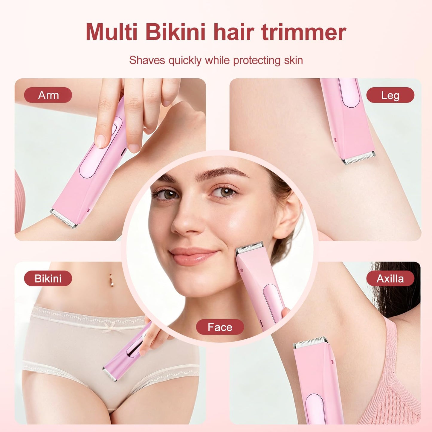 Dual Head Women Bikini Trimmer Quiet Electric Razor for Sensitive Skin IPX7 Waterproof Ceramic Blade LCD Rechargeable Pubic Hair Shaver for Armpit Leg Face (Pink)