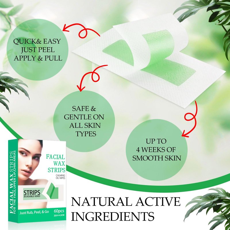 Facial Wax Strips for Hair Removal, Wax Strips for Face, 60PCS Hair Removal Waxing + 3 Calming Oil Wipe, Upper Lip, Chin, Eyebrow, Armpit, Bikini Line, Face Waxing Kit for Women, Long-Lasting Results