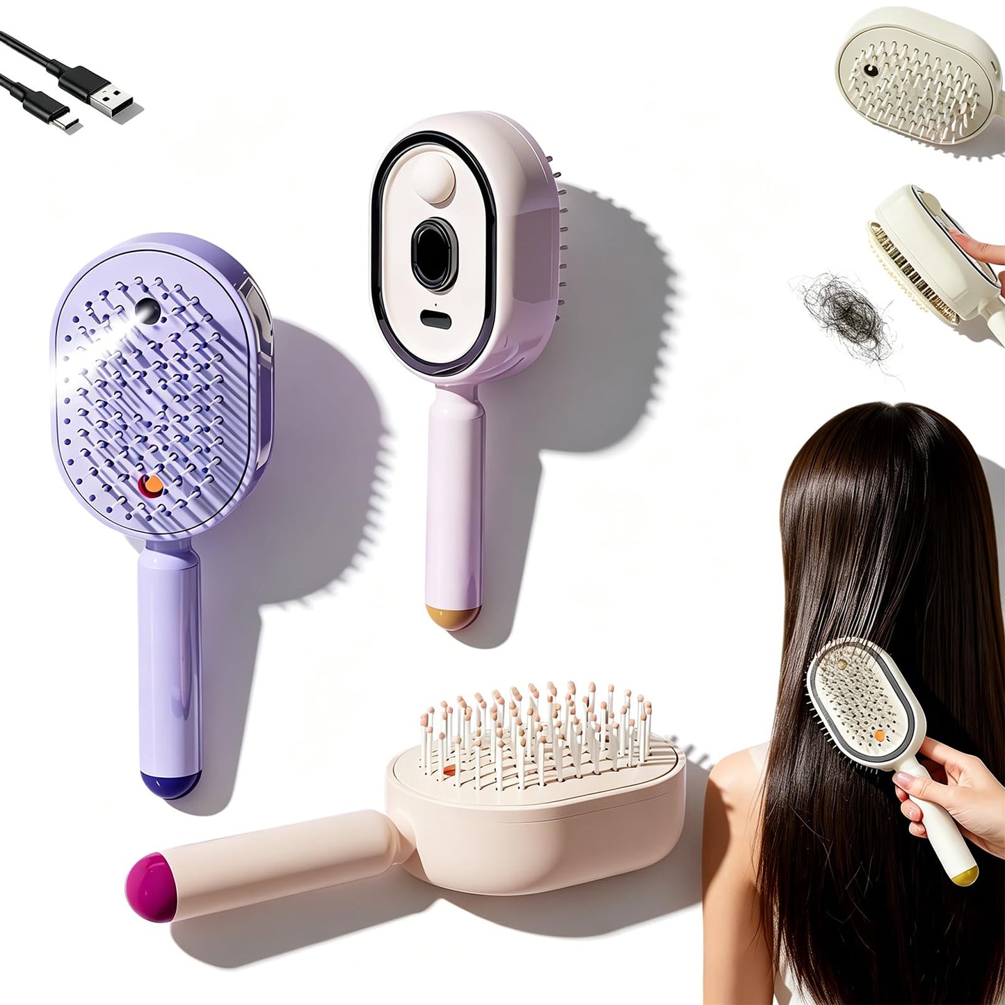 Electric Steam Brush for Hair, Electric Spray Air Cushion Comb, Detangling Steam Brush for Hair, Portable Cordless Rechargeable Red Light Brushs with Detangling Comb, Anti-Static