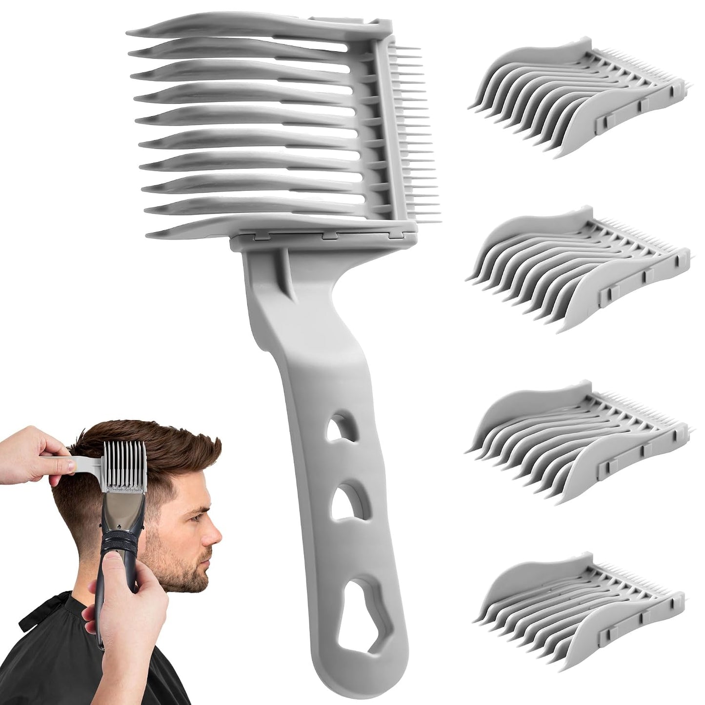 4-in-1 Detachable Fade Comb Set - Professional Barber Combs for Men’s Fade Haircuts | 4 Sizes, Easy Snap-On, Grey
