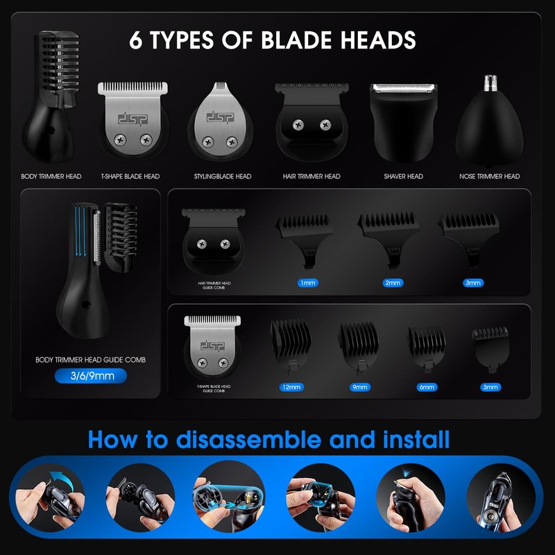 DSP Men's Grooming Kit, Beard Trimmer for Men, Nose Trimmer, Body Trimmer, Foil Shaver, T-Blade, Mustache, Cordless Hair Trimmer, IPX6 Waterproof,2 Speeds Adjustable, Gift for Men (Blue)