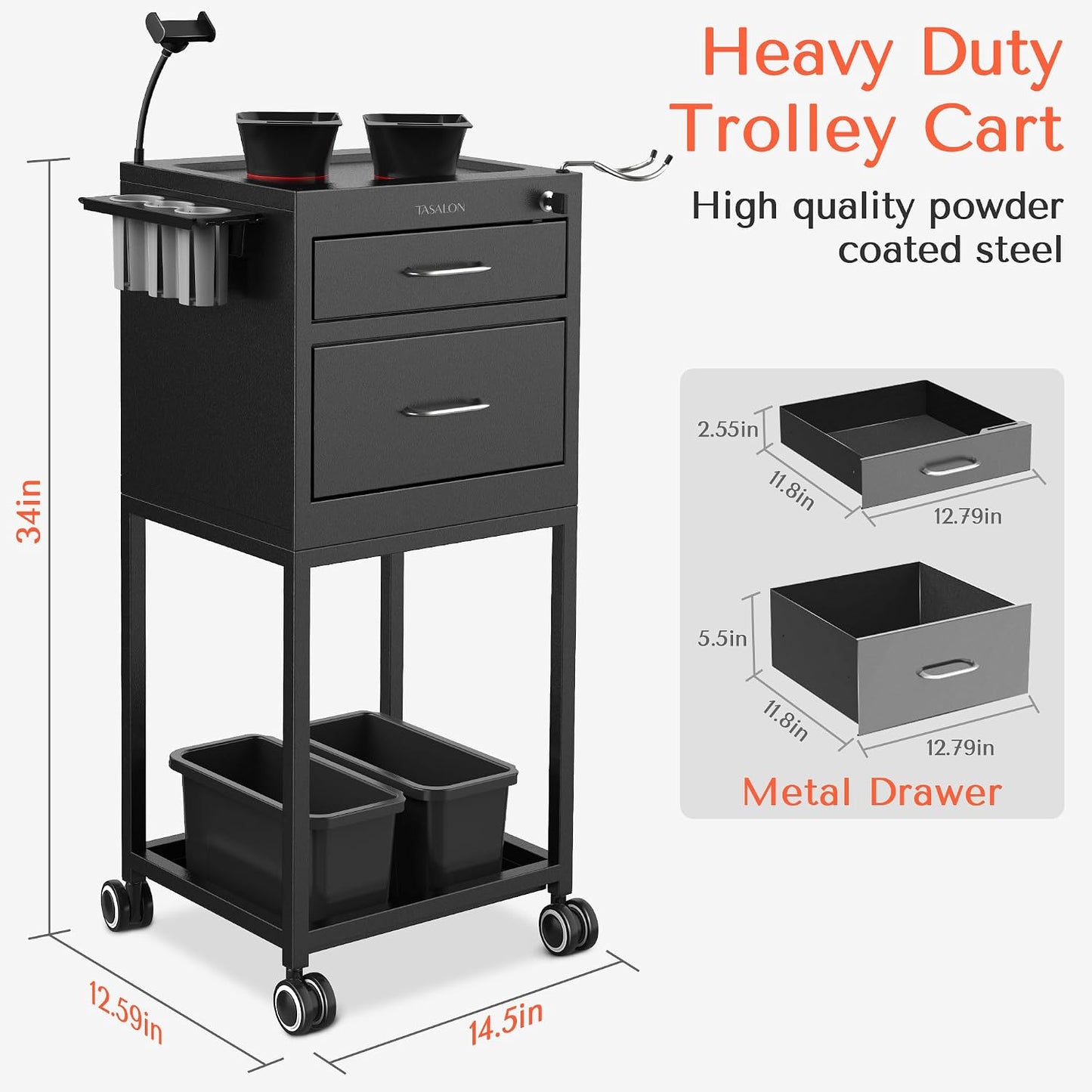 Metal Lockable Salon Cart with Wheels - Rolling Barber Trolley for Hair Stylists | 2 Magnetic Bowls & Drawers