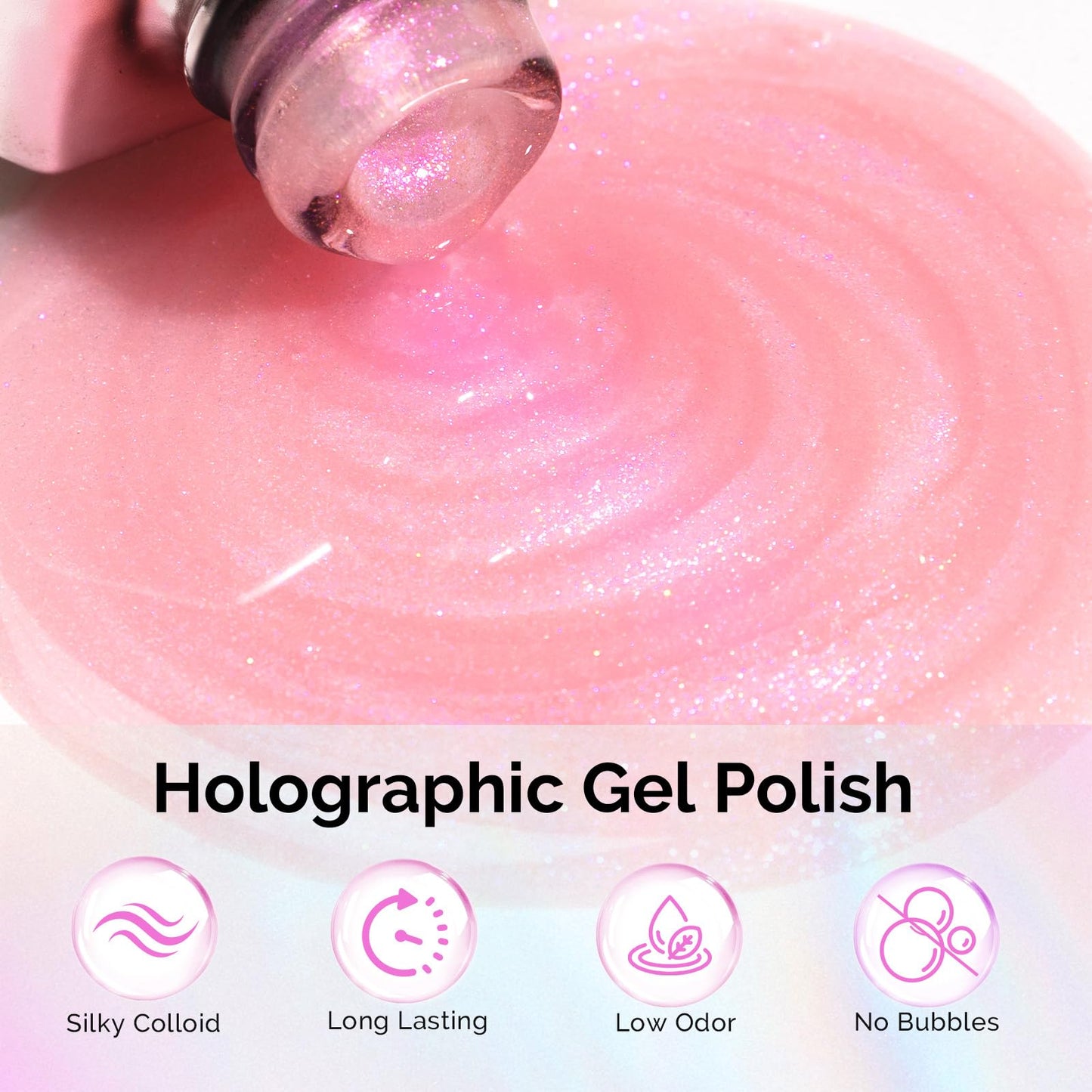 MelodySusie Shimmer Pearl Pink Gel Nail Polish, 0.5fl oz Soak Off UV LED Jelly Holographic Pink Glitter Gel Polish Gift for Women Nail Art Manicure Salon DIY Nail Design Decoration at Home-G2607