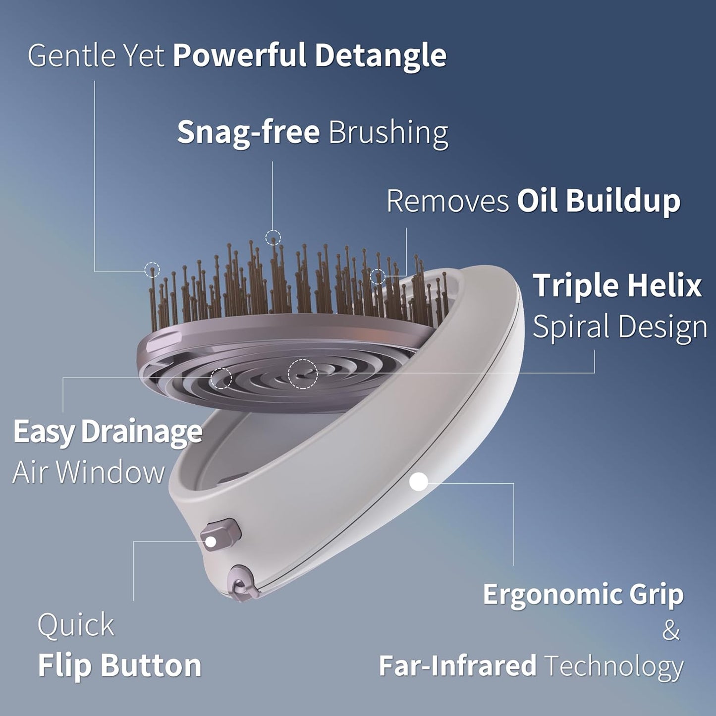 Uffy Spiral Shine Detangling Hair Brush - Anti-Frizz, Tangle-Free Design | Ergonomic Handle, Moonlight White