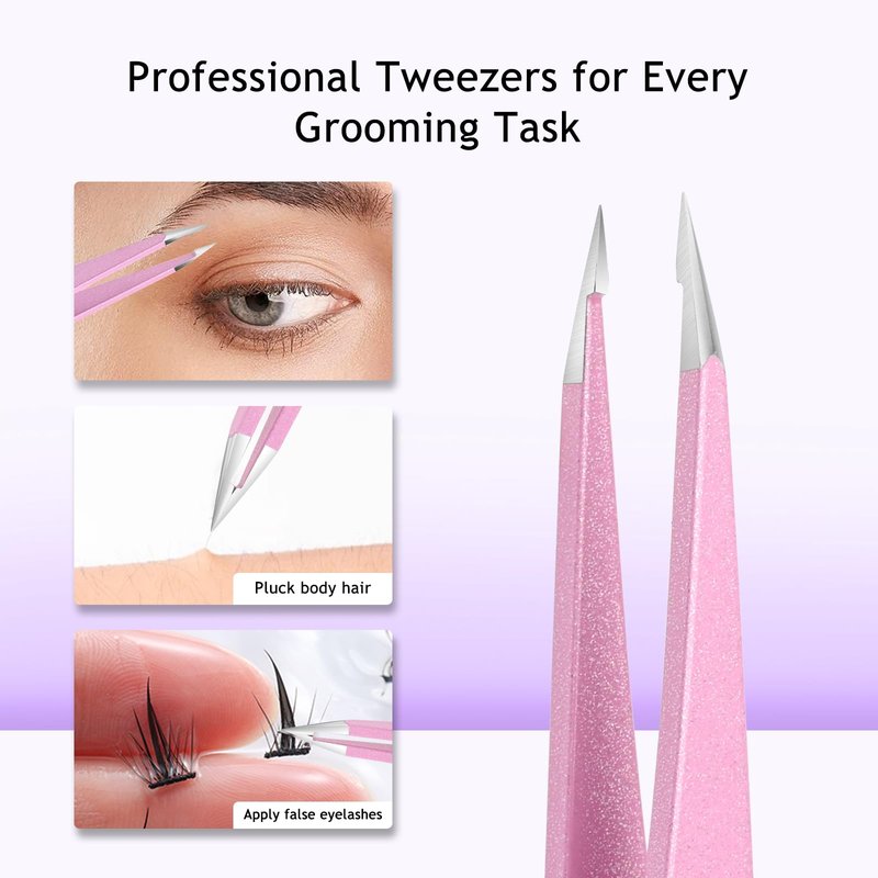 SHILING Professional Precision Tweezers, Stainless Steel Pointed Tip, 0.1mm Ultra-Thin, Pink, Eyebrow and Facial Hair Removal, personal care and makeup tools