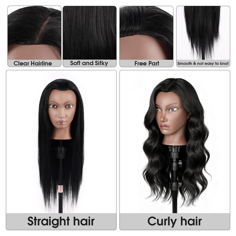 100% Real Hair Mannequin Head,TopDirect 26''Black Hairdresser Cosmetology Doll Head Styling,Manikin Heads Hairs Braiding DIY Styling with Clamp Holder and Tools Set