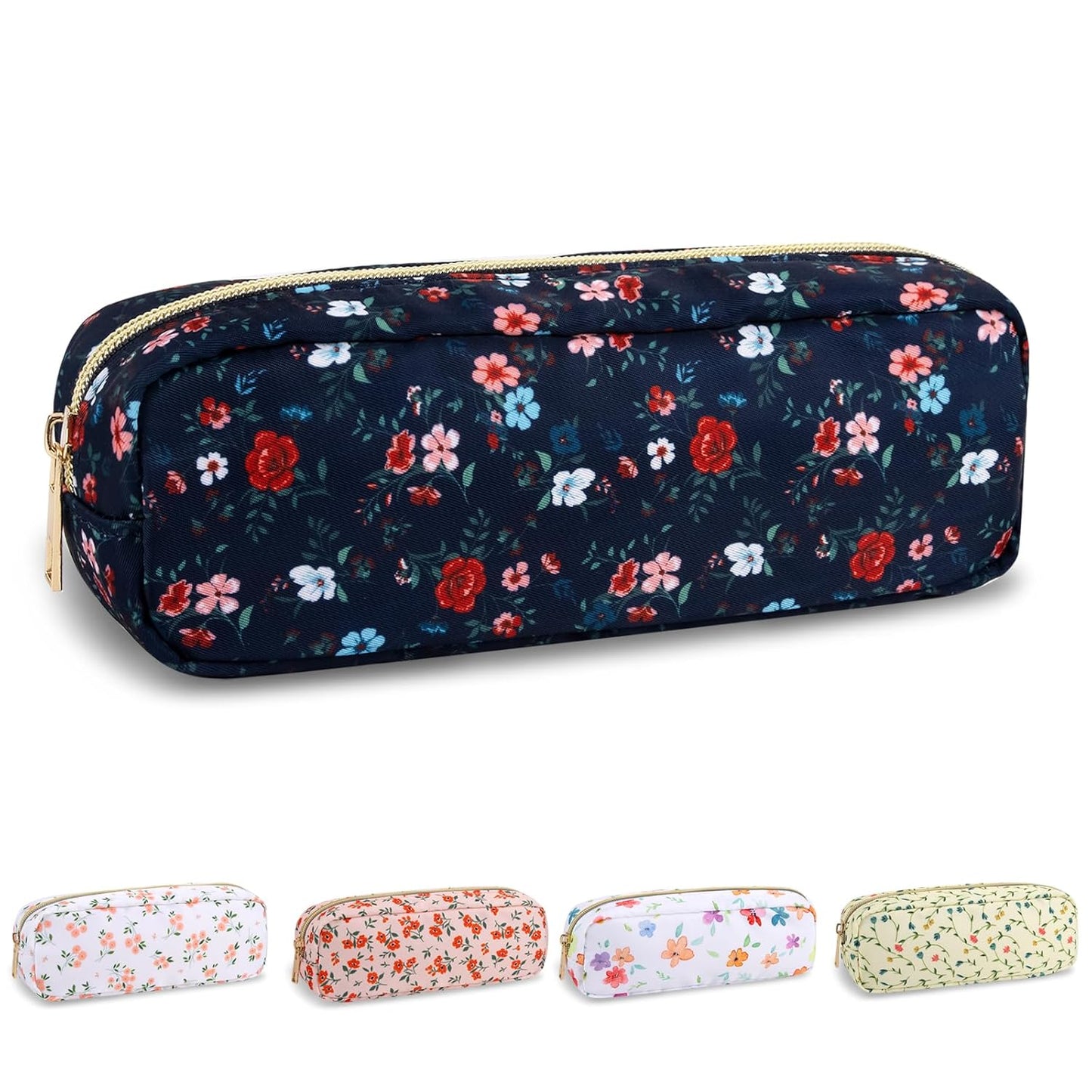 Waterproof Mini Floral Makeup Bag - Nylon Travel Pouch for Women | Cute Zipper Toiletry Organizer (Mini White-Flowers)