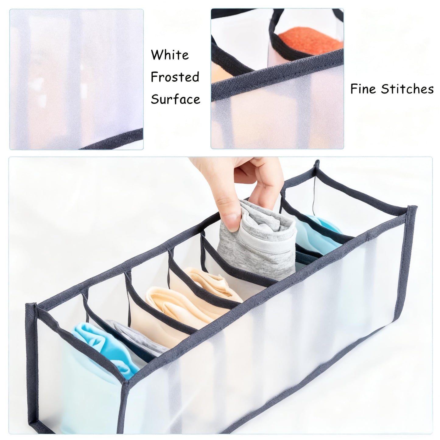 1PC Grey 7-Grid Drawer Divider Storage Bag - Transparent Polyester Organizer, Ideal for Lingerie, Socks & Ties Organization