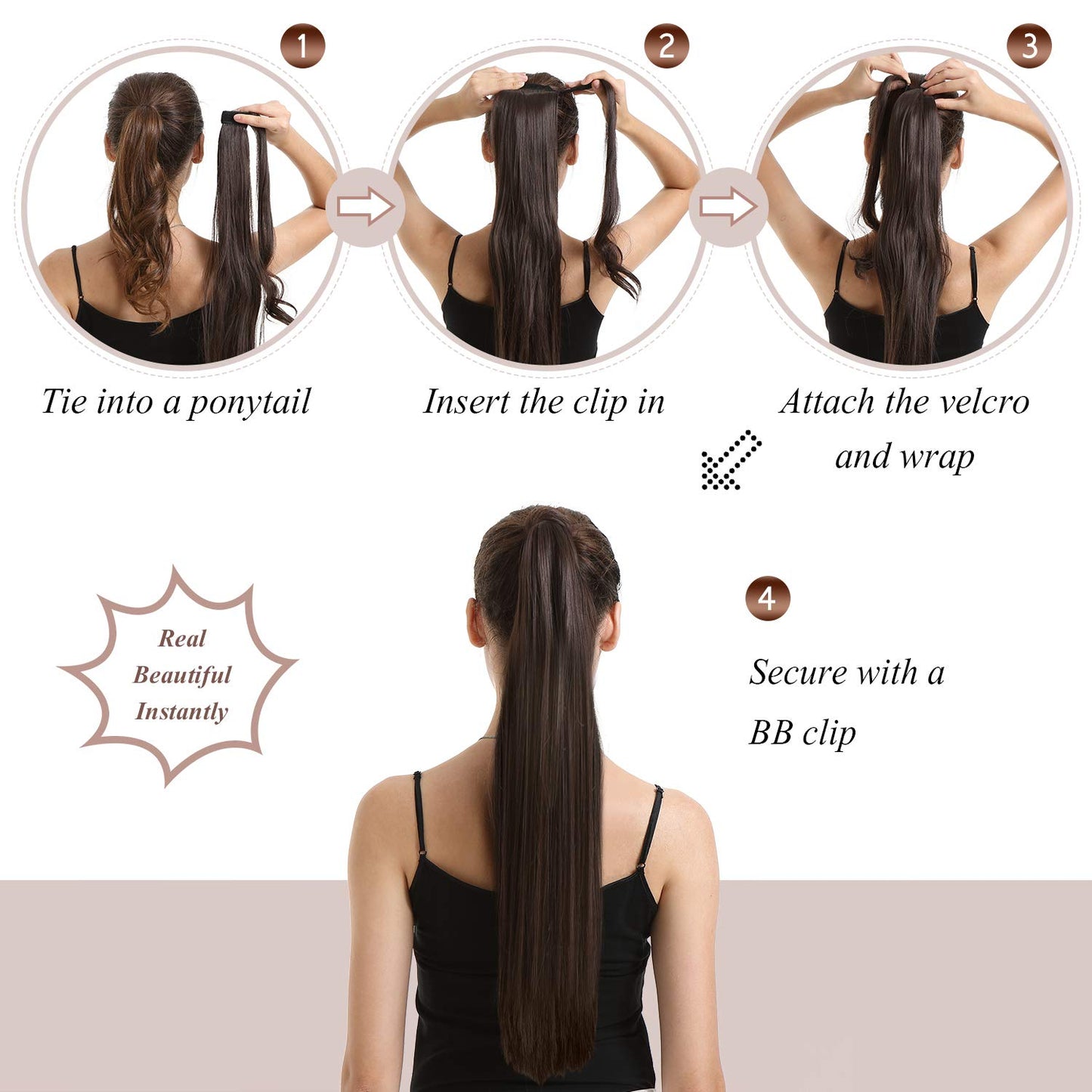 Dark Brown Straight Wrap Ponytail Extension - 24 Inch Clip-In Hairpiece for Black Women | Synthetic Hair