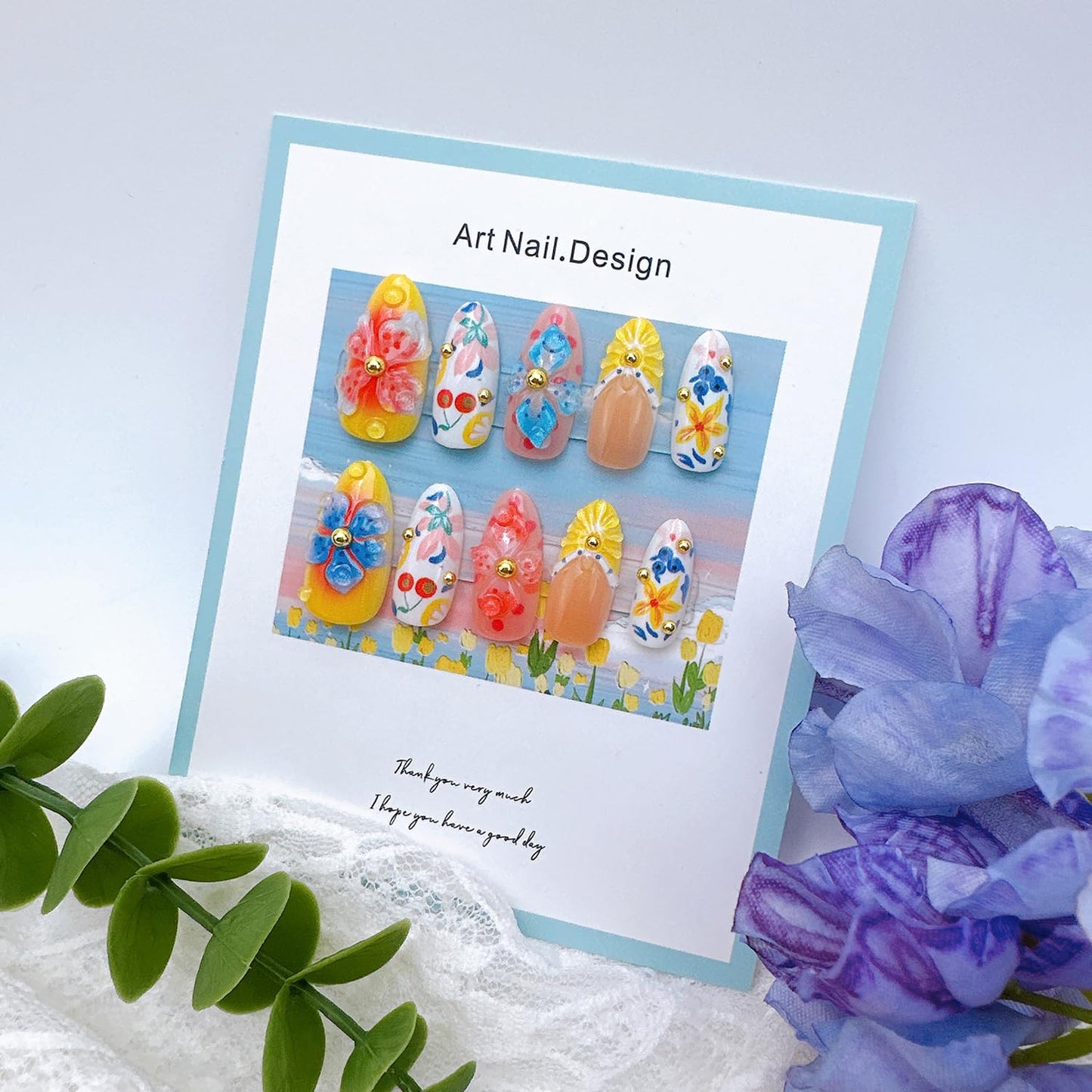 30Pcs Summer Press-On Nails - Medium Almond 3D Lemon French Tip Acrylic Nails | Full Cover Floral Design