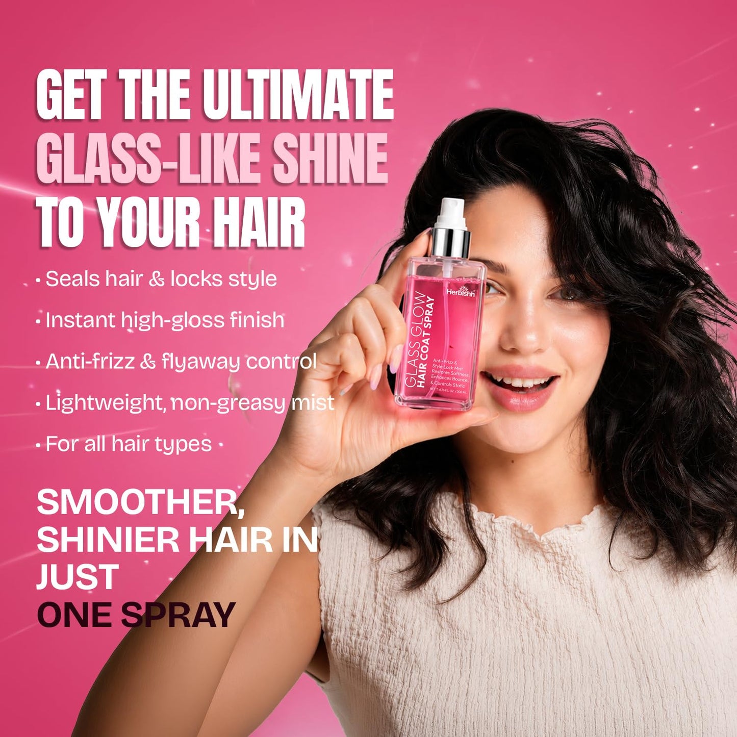 Herbishh Glass Glow Hair Coat Spray(6.76 fl oz)Anti Humidity & Heat Protectant Shine Coat for Frizz Control & Glossy Finish, Lightweight Texture Finishing Mist, Salon Quality Styling Spray Women & Men