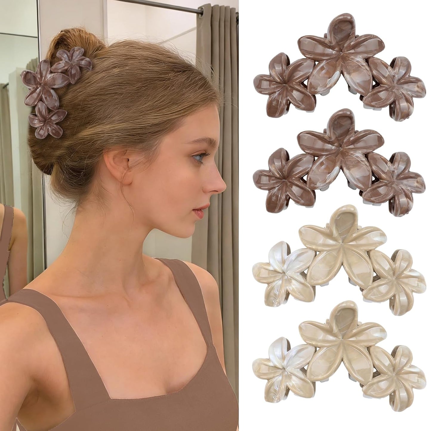 Cute Hawaiian Flower Claw Hair Clips - 4Pcs Large Clips for Thick or Thin Hair | Pink & Red Beach Accessories