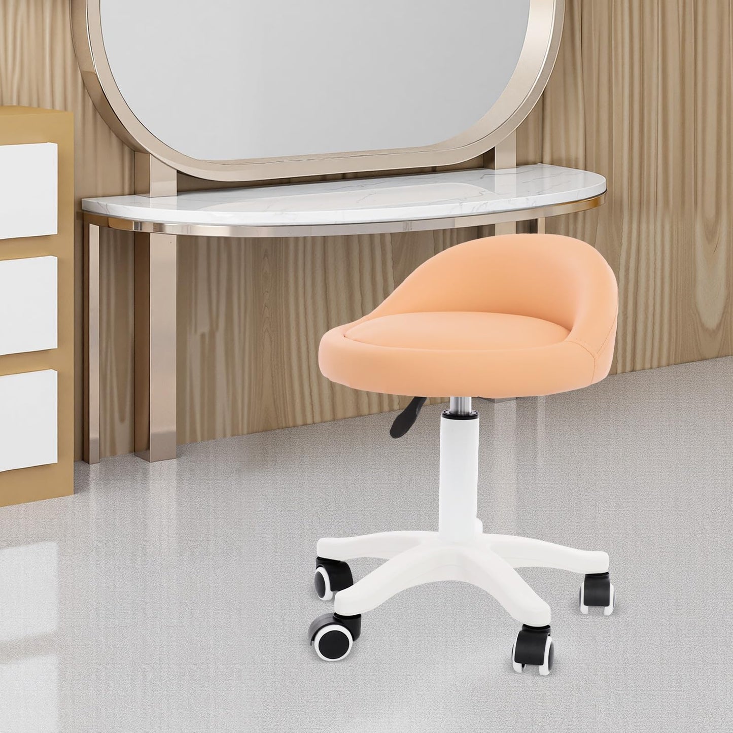 Titunjian Rolling Stool Chair with Backrest Round PU Leather Swivel Salon Stool Adjustable Height Drafting Tattoo Office Chair for Spa Salon Tattoo Massage Dental Office (Orange)
