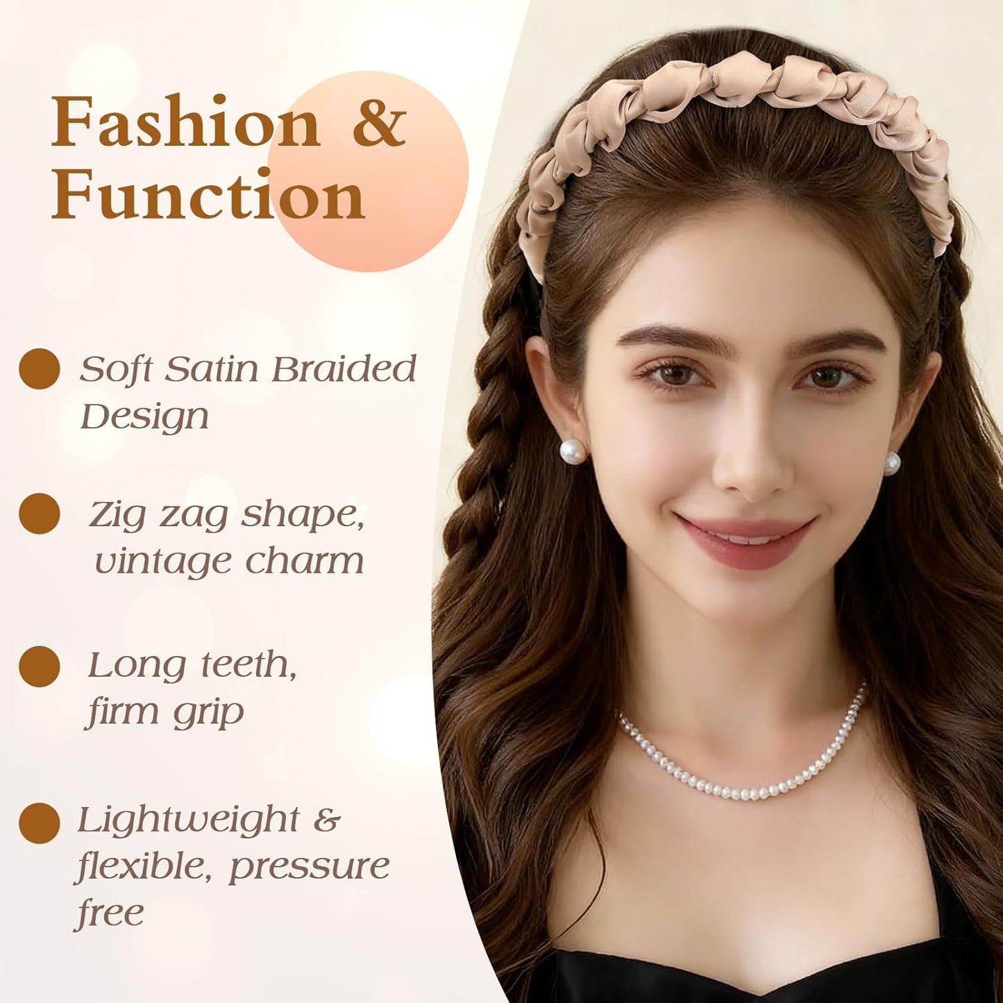 High Cranium Headbands for Women - Non-Slip Zig Zag Design | 4 Pcs Retro Satin Braided Hair Accessories