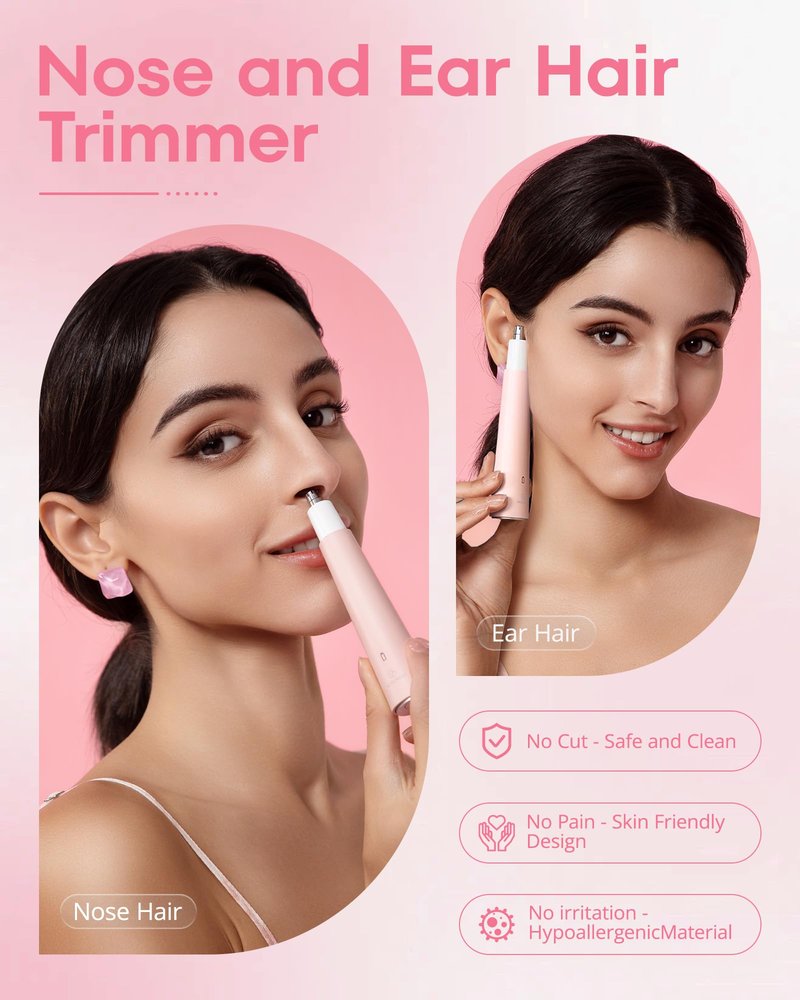 VG VOGCREST Nose Hair Trimmer for Women: Rechargeable Painless Eyebrow Trimmer - Low Noise Portable Facial Hair Removal for Ladies Aged 18-55 - Home Party Travel, Christmas Gifts (Bright Pink)