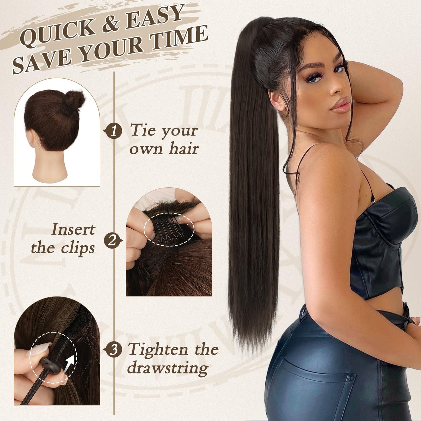 BARSDAR Brown Ponytail Extension - 26 Inch Long Straight Drawstring Ponytail Hair Extensions Synthetic Clip in Pony Tails Hairpieces Fake Straight Ponytail for Women Girls Daily- Dark Brown