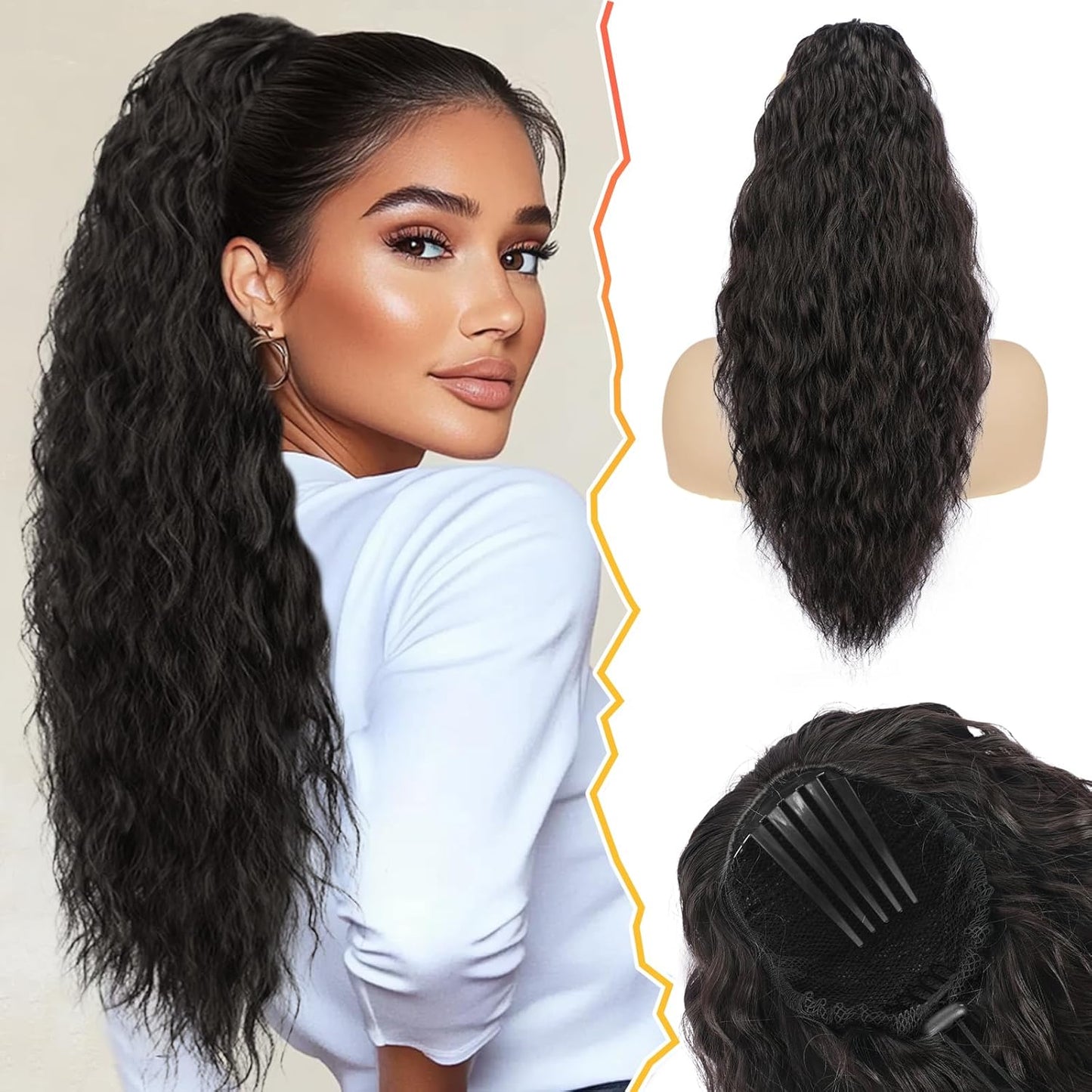 22 Inch Black Curly Wavy Drawstring Ponytail Extension - Synthetic Clip-In Hairpiece for Voluminous Bohemian Style