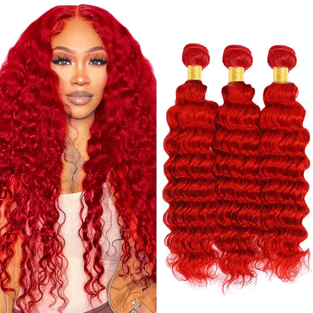 28 30 32 Inch DiexrLamx Red Deep Wave Bundles Wine Red Bundle 8A Grade Peruvian Virgin Remy Hair 3 Bundles/150g Double Weft Hair Extensions